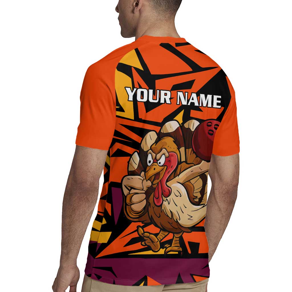 Custom Turkey Bowling Rugby Jersey with Cartoon Turkey Striker and Orange Geometric Pattern - Wonder Print Shop