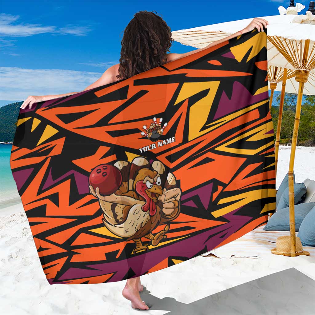Custom Turkey Bowling Sarong with Cartoon Turkey Striker and Orange Geometric Pattern - Wonder Print Shop