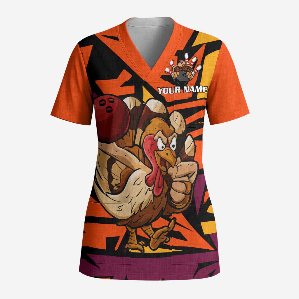 Custom Turkey Bowling Scrub Top with Cartoon Turkey Striker and Orange Geometric Pattern - Wonder Print Shop