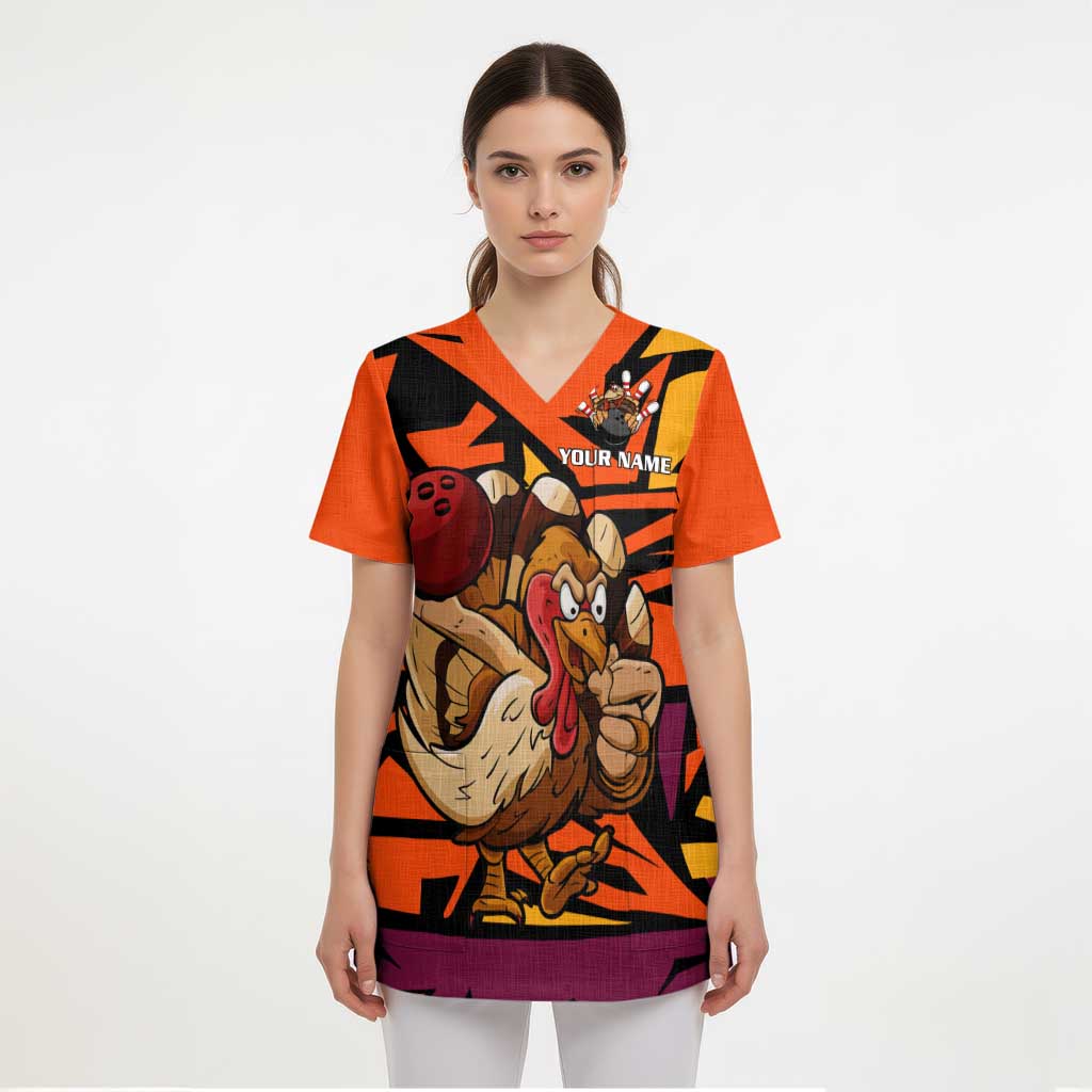 Custom Turkey Bowling Scrub Top with Cartoon Turkey Striker and Orange Geometric Pattern - Wonder Print Shop