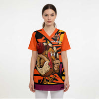 Custom Turkey Bowling Scrub Top with Cartoon Turkey Striker and Orange Geometric Pattern - Wonder Print Shop