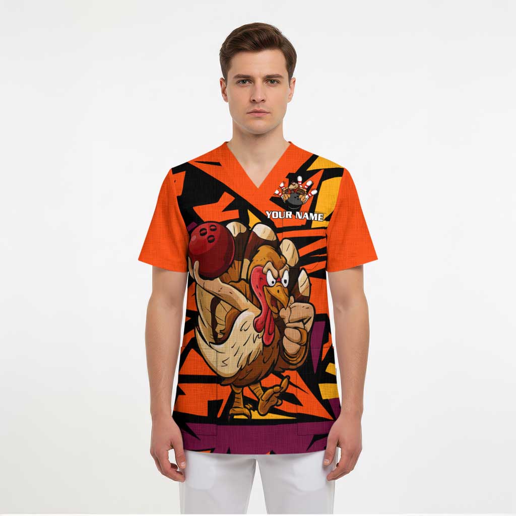 Custom Turkey Bowling Scrub Top with Cartoon Turkey Striker and Orange Geometric Pattern - Wonder Print Shop
