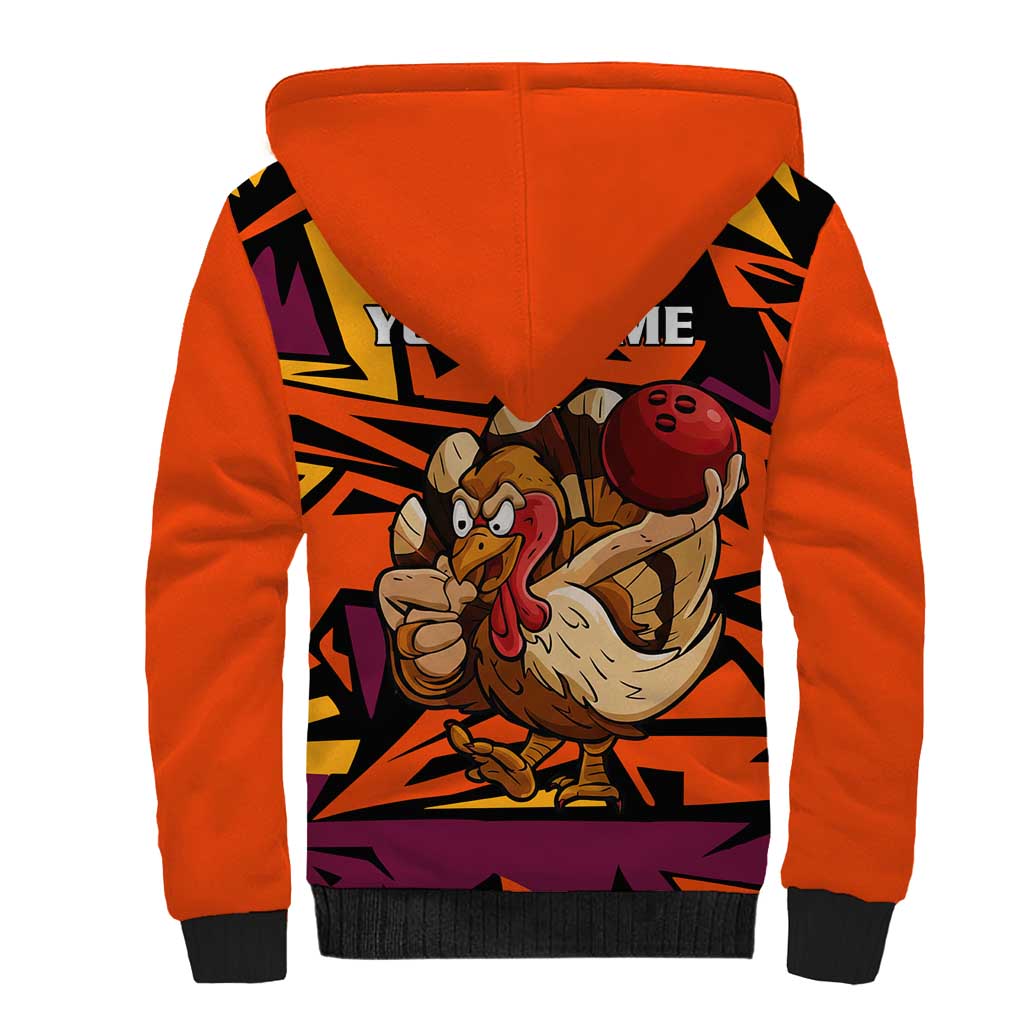 Custom Turkey Bowling Sherpa Hoodie with Cartoon Turkey Striker and Orange Geometric Pattern - Wonder Print Shop