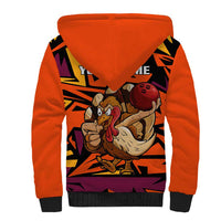 Custom Turkey Bowling Sherpa Hoodie with Cartoon Turkey Striker and Orange Geometric Pattern - Wonder Print Shop