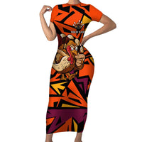 Custom Turkey Bowling Short Sleeve Bodycon Dress with Cartoon Turkey Striker and Orange Geometric Pattern - Wonder Print Shop