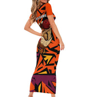 Custom Turkey Bowling Short Sleeve Bodycon Dress with Cartoon Turkey Striker and Orange Geometric Pattern - Wonder Print Shop
