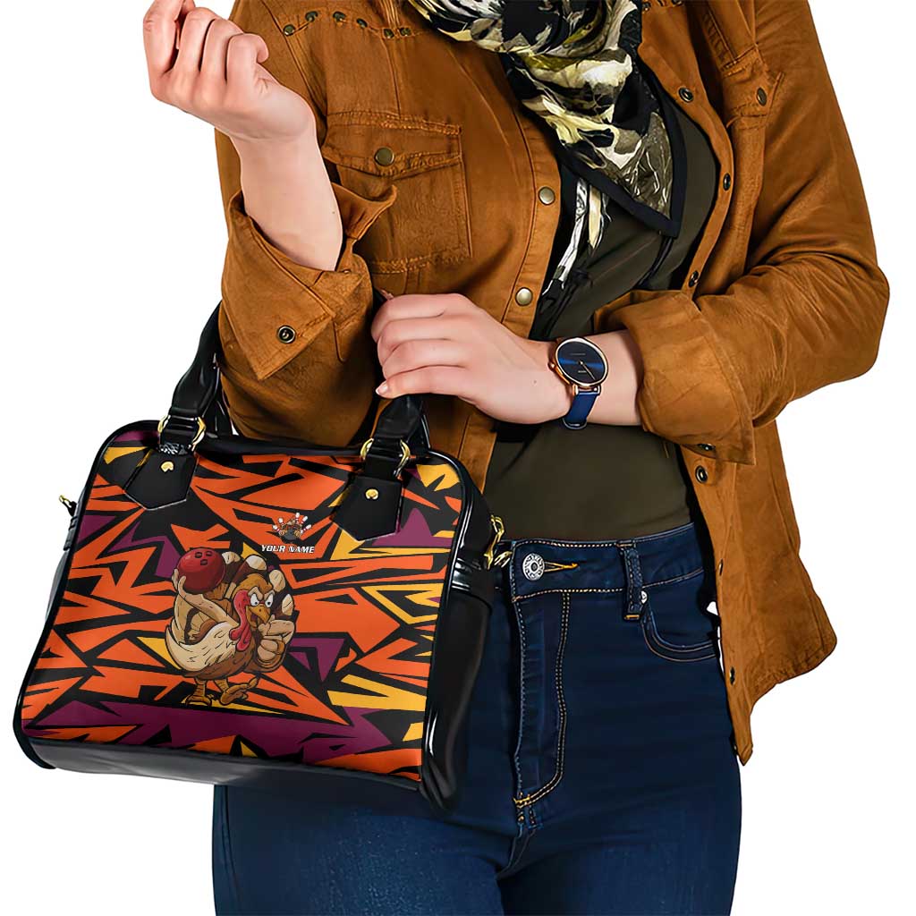 Custom Turkey Bowling Shoulder Handbag with Cartoon Turkey Striker and Orange Geometric Pattern - Wonder Print Shop