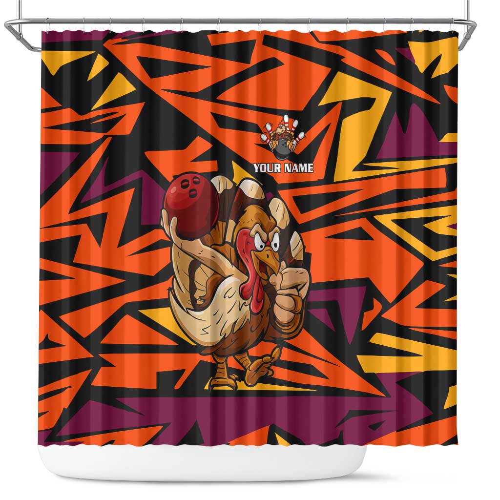 Custom Turkey Bowling Shower Curtain with Cartoon Turkey Striker and Orange Geometric Pattern - Wonder Print Shop
