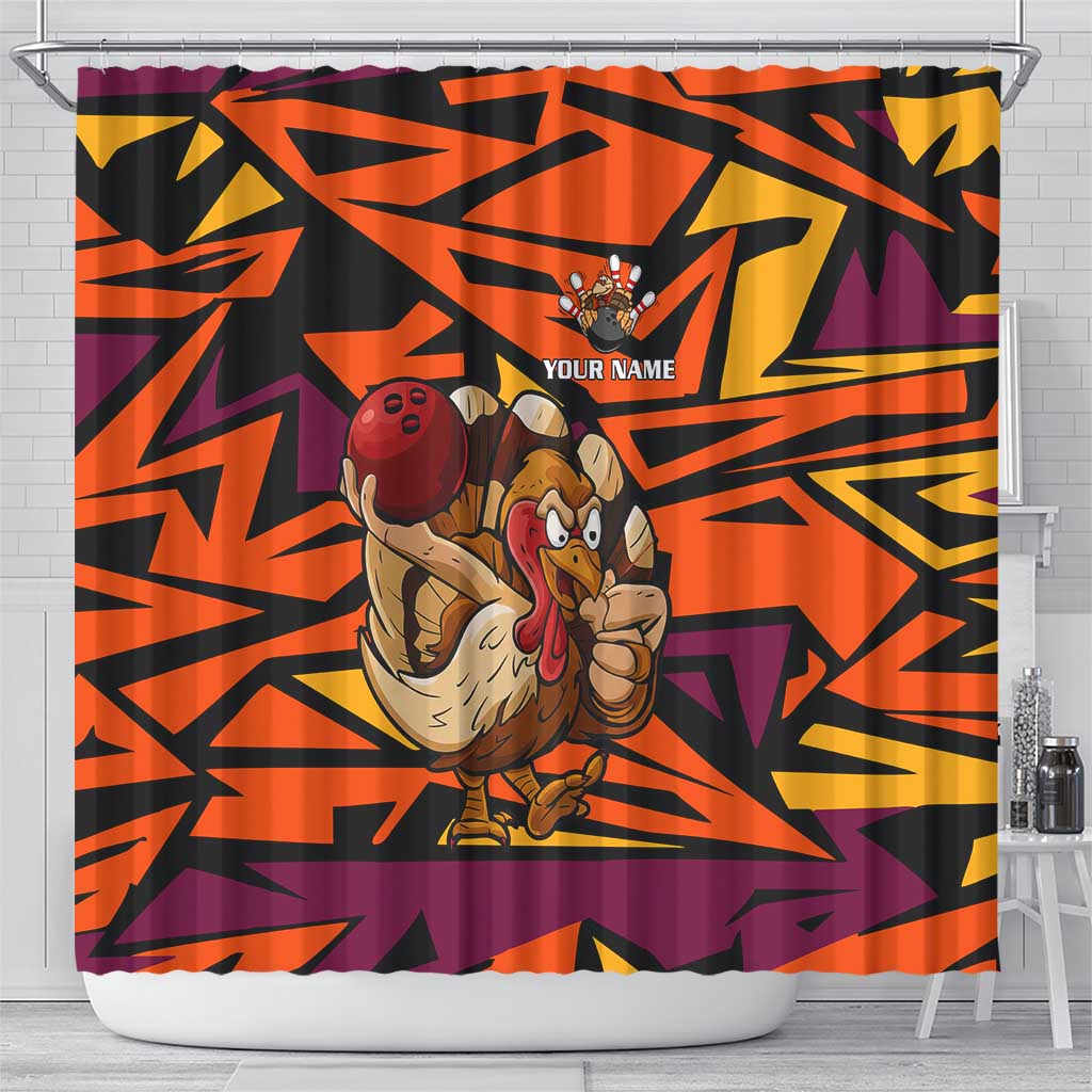 Custom Turkey Bowling Shower Curtain with Cartoon Turkey Striker and Orange Geometric Pattern - Wonder Print Shop