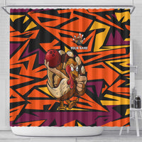 Custom Turkey Bowling Shower Curtain with Cartoon Turkey Striker and Orange Geometric Pattern - Wonder Print Shop