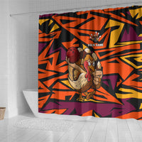 Custom Turkey Bowling Shower Curtain with Cartoon Turkey Striker and Orange Geometric Pattern - Wonder Print Shop