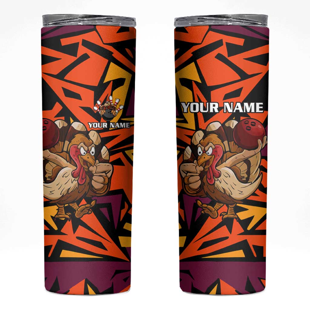 Custom Turkey Bowling Skinny Tumbler with Cartoon Turkey Striker and Orange Geometric Pattern - Wonder Print Shop