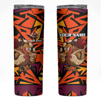 Custom Turkey Bowling Skinny Tumbler with Cartoon Turkey Striker and Orange Geometric Pattern - Wonder Print Shop