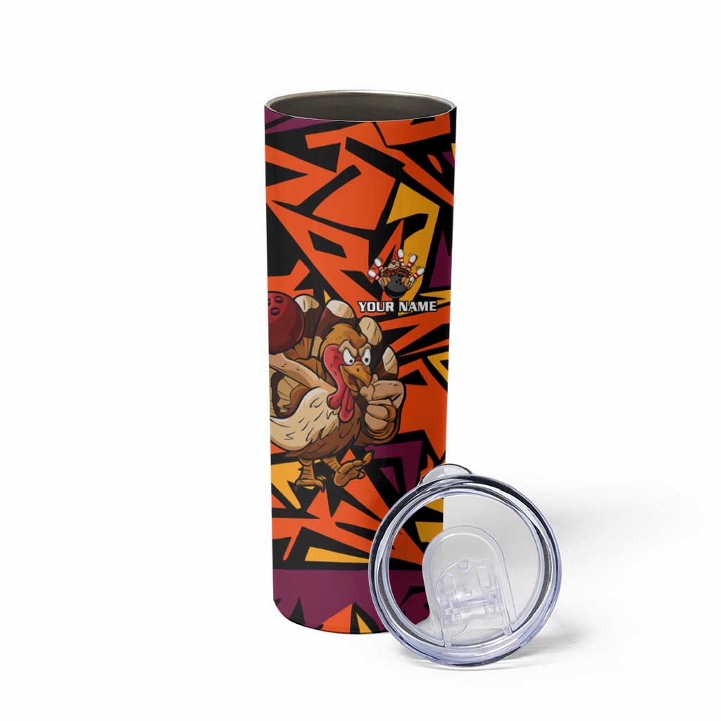 Custom Turkey Bowling Skinny Tumbler with Cartoon Turkey Striker and Orange Geometric Pattern - Wonder Print Shop