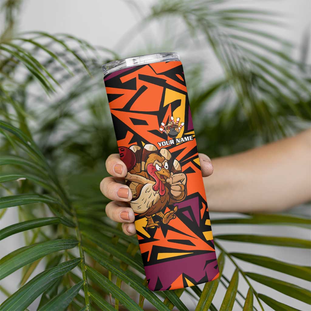Custom Turkey Bowling Skinny Tumbler with Cartoon Turkey Striker and Orange Geometric Pattern - Wonder Print Shop
