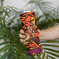 Custom Turkey Bowling Skinny Tumbler with Cartoon Turkey Striker and Orange Geometric Pattern - Wonder Print Shop