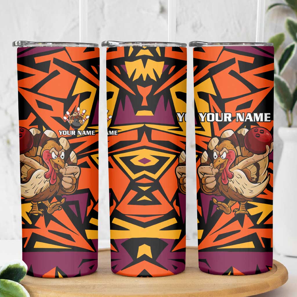 Custom Turkey Bowling Skinny Tumbler with Cartoon Turkey Striker and Orange Geometric Pattern - Wonder Print Shop