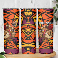 Custom Turkey Bowling Skinny Tumbler with Cartoon Turkey Striker and Orange Geometric Pattern - Wonder Print Shop
