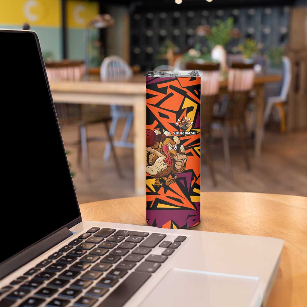 Custom Turkey Bowling Skinny Tumbler with Cartoon Turkey Striker and Orange Geometric Pattern - Wonder Print Shop