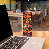 Custom Turkey Bowling Skinny Tumbler with Cartoon Turkey Striker and Orange Geometric Pattern - Wonder Print Shop