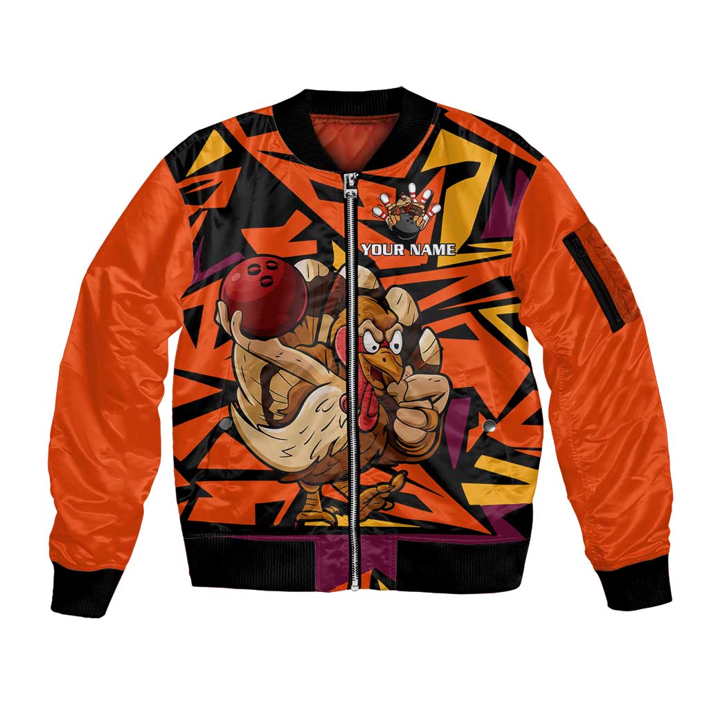 Custom Turkey Bowling Sleeve Zip Bomber Jacket with Cartoon Turkey Striker and Orange Geometric Pattern - Wonder Print Shop