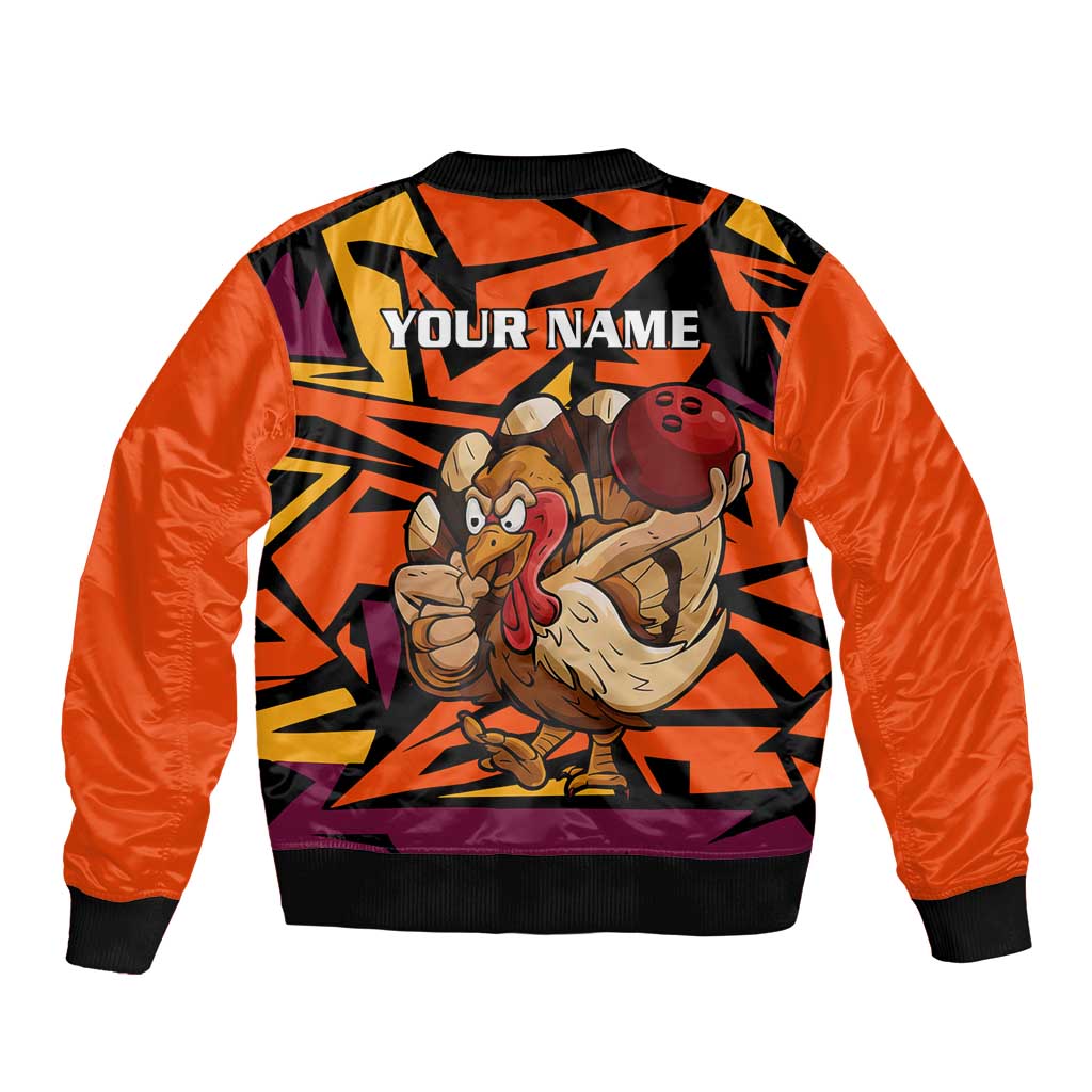 Custom Turkey Bowling Sleeve Zip Bomber Jacket with Cartoon Turkey Striker and Orange Geometric Pattern - Wonder Print Shop