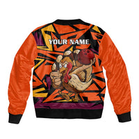 Custom Turkey Bowling Sleeve Zip Bomber Jacket with Cartoon Turkey Striker and Orange Geometric Pattern - Wonder Print Shop