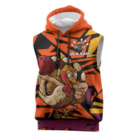 Custom Turkey Bowling Sleeveless Hoodie with Cartoon Turkey Striker and Orange Geometric Pattern - Wonder Print Shop