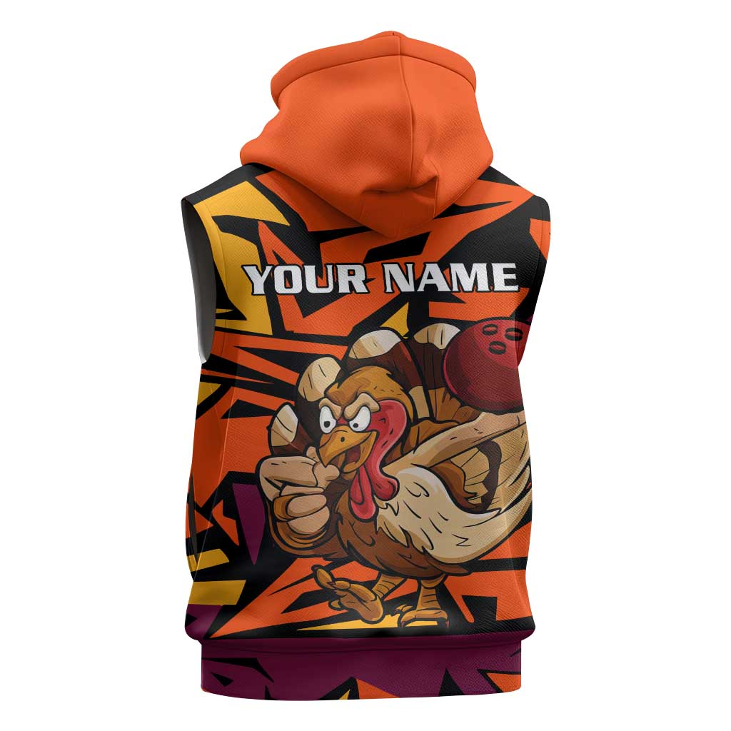 Custom Turkey Bowling Sleeveless Hoodie with Cartoon Turkey Striker and Orange Geometric Pattern - Wonder Print Shop