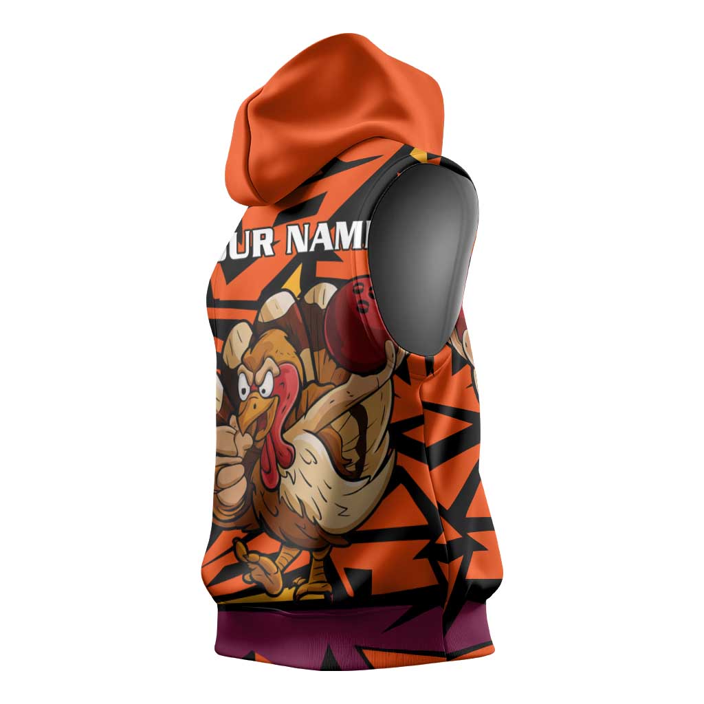 Custom Turkey Bowling Sleeveless Hoodie with Cartoon Turkey Striker and Orange Geometric Pattern - Wonder Print Shop
