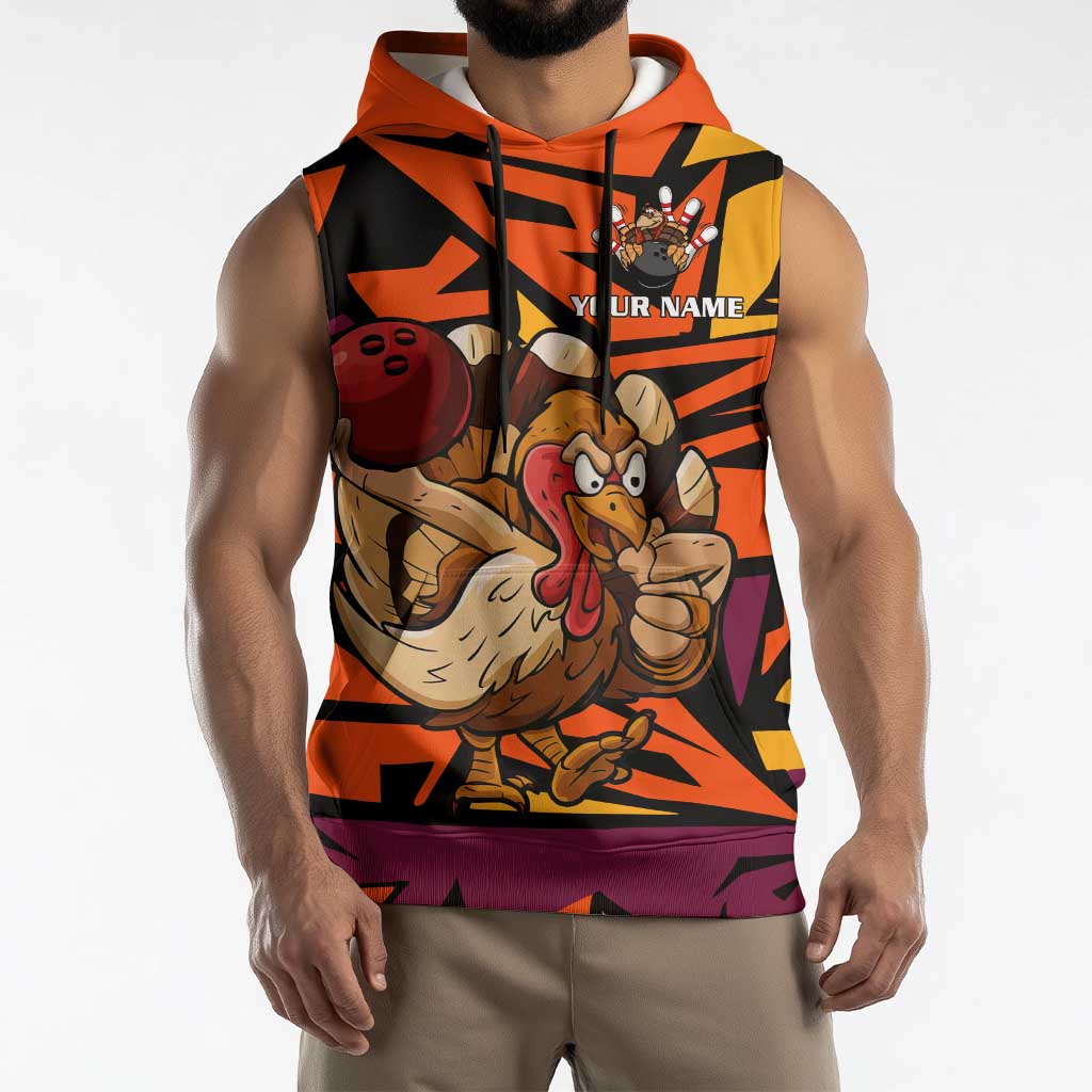 Custom Turkey Bowling Sleeveless Hoodie with Cartoon Turkey Striker and Orange Geometric Pattern - Wonder Print Shop