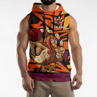 Custom Turkey Bowling Sleeveless Hoodie with Cartoon Turkey Striker and Orange Geometric Pattern - Wonder Print Shop