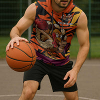 Custom Turkey Bowling Sleeveless Hoodie with Cartoon Turkey Striker and Orange Geometric Pattern - Wonder Print Shop