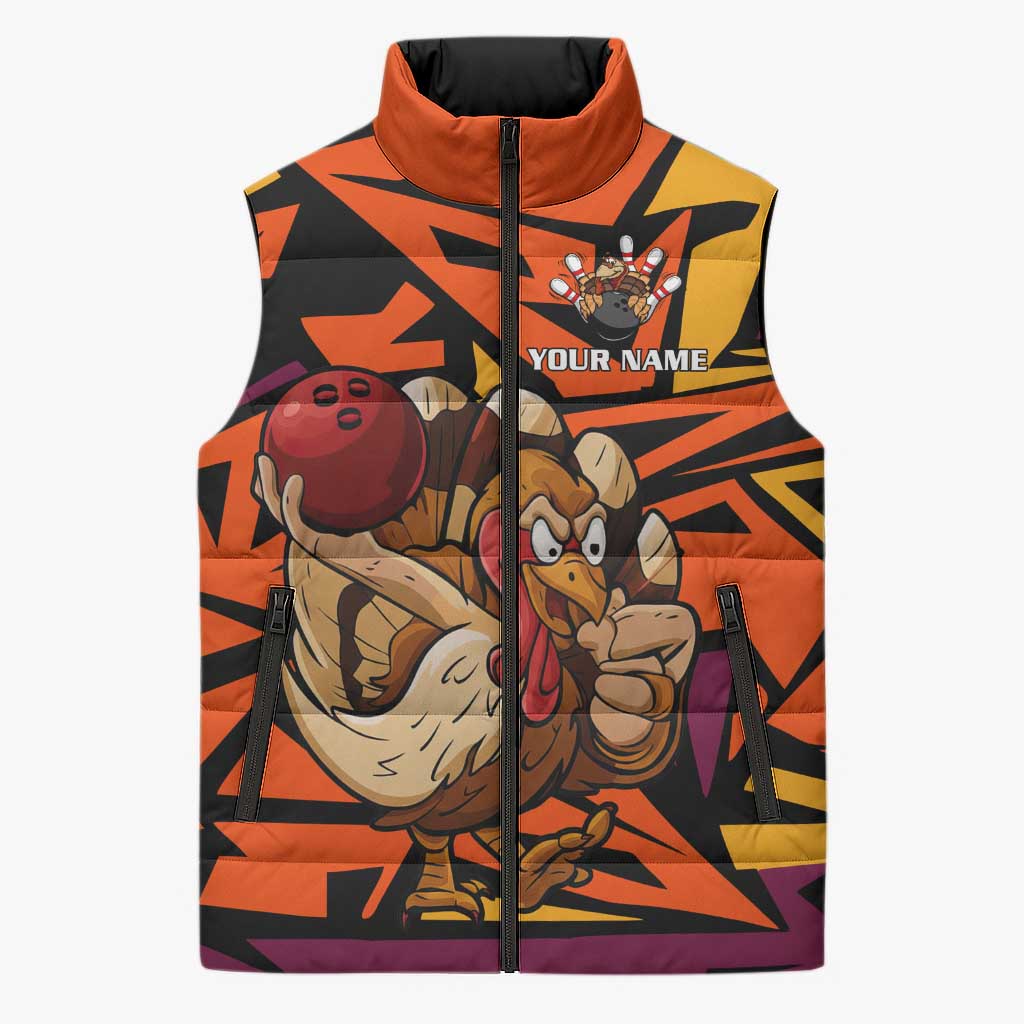 Custom Turkey Bowling Sleeveless Puffer Jacket with Cartoon Turkey Striker and Orange Geometric Pattern - Wonder Print Shop