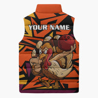 Custom Turkey Bowling Sleeveless Puffer Jacket with Cartoon Turkey Striker and Orange Geometric Pattern - Wonder Print Shop