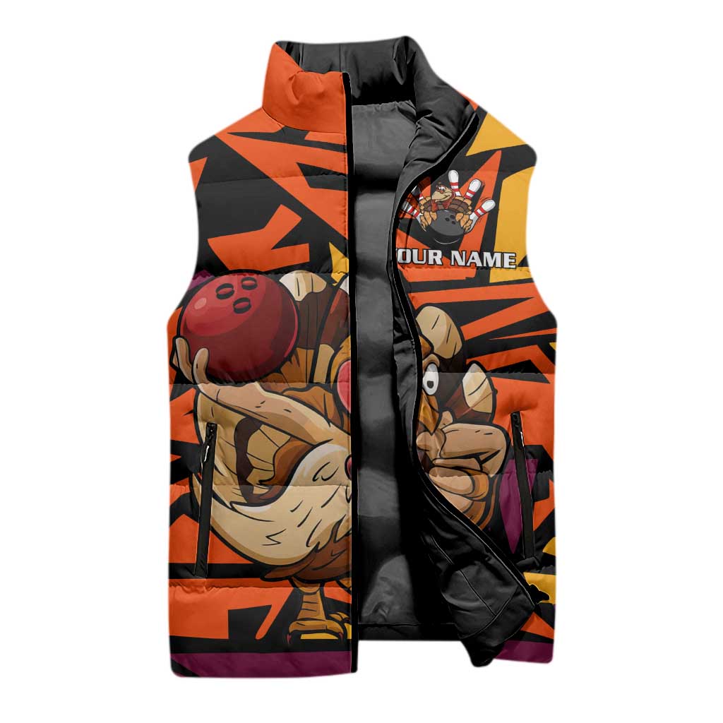 Custom Turkey Bowling Sleeveless Puffer Jacket with Cartoon Turkey Striker and Orange Geometric Pattern - Wonder Print Shop