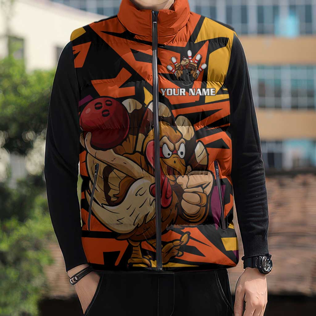Custom Turkey Bowling Sleeveless Puffer Jacket with Cartoon Turkey Striker and Orange Geometric Pattern - Wonder Print Shop