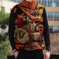 Custom Turkey Bowling Sleeveless Puffer Jacket with Cartoon Turkey Striker and Orange Geometric Pattern - Wonder Print Shop