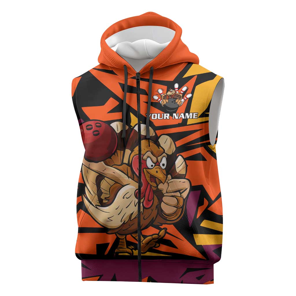 Custom Turkey Bowling Sleeveless Zip Hoodie with Cartoon Turkey Striker and Orange Geometric Pattern - Wonder Print Shop