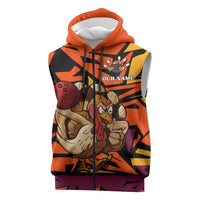 Custom Turkey Bowling Sleeveless Zip Hoodie with Cartoon Turkey Striker and Orange Geometric Pattern - Wonder Print Shop