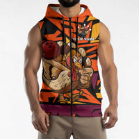 Custom Turkey Bowling Sleeveless Zip Hoodie with Cartoon Turkey Striker and Orange Geometric Pattern - Wonder Print Shop