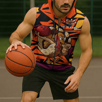 Custom Turkey Bowling Sleeveless Zip Hoodie with Cartoon Turkey Striker and Orange Geometric Pattern - Wonder Print Shop