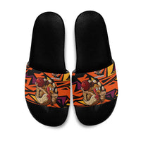 Custom Turkey Bowling Slide Sandals with Cartoon Turkey Striker and Orange Geometric Pattern - Wonder Print Shop
