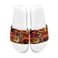 Custom Turkey Bowling Slide Sandals with Cartoon Turkey Striker and Orange Geometric Pattern - Wonder Print Shop