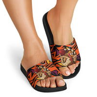Custom Turkey Bowling Slide Sandals with Cartoon Turkey Striker and Orange Geometric Pattern - Wonder Print Shop