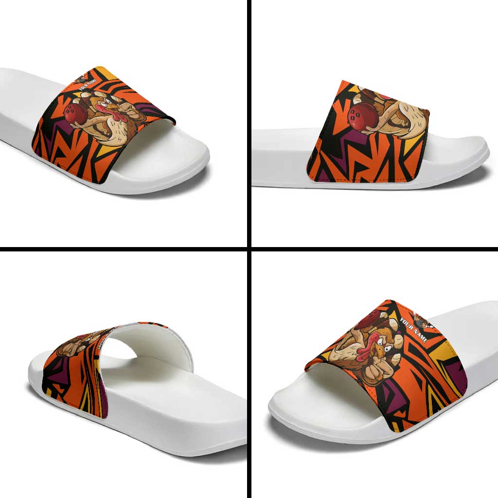 Custom Turkey Bowling Slide Sandals with Cartoon Turkey Striker and Orange Geometric Pattern - Wonder Print Shop