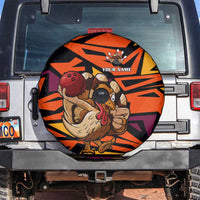Custom Turkey Bowling Spare Tire Cover with Cartoon Turkey Striker and Orange Geometric Pattern - Wonder Print Shop