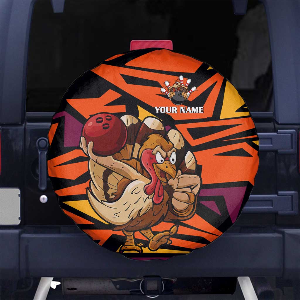 Custom Turkey Bowling Spare Tire Cover with Cartoon Turkey Striker and Orange Geometric Pattern - Wonder Print Shop