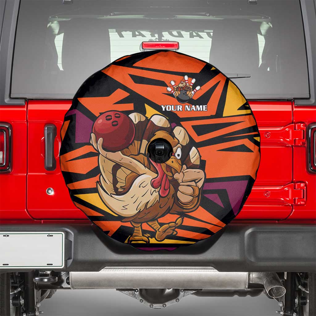 Custom Turkey Bowling Spare Tire Cover with Cartoon Turkey Striker and Orange Geometric Pattern - Wonder Print Shop
