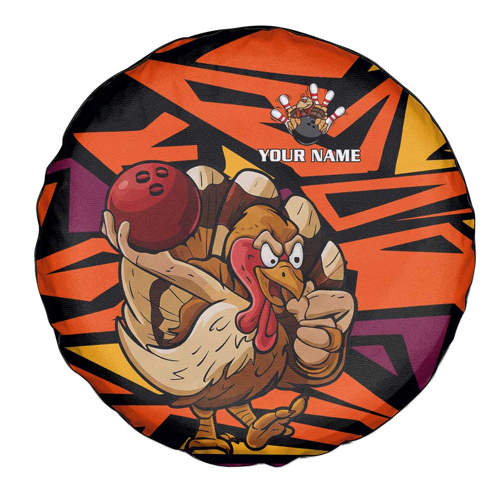 Custom Turkey Bowling Spare Tire Cover with Cartoon Turkey Striker and Orange Geometric Pattern - Wonder Print Shop